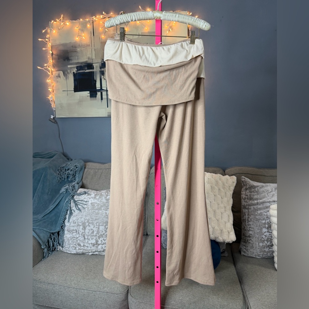 Timing Ribbed Colorblock Foldover Flare Pant Lounge Set Top L Bottom M